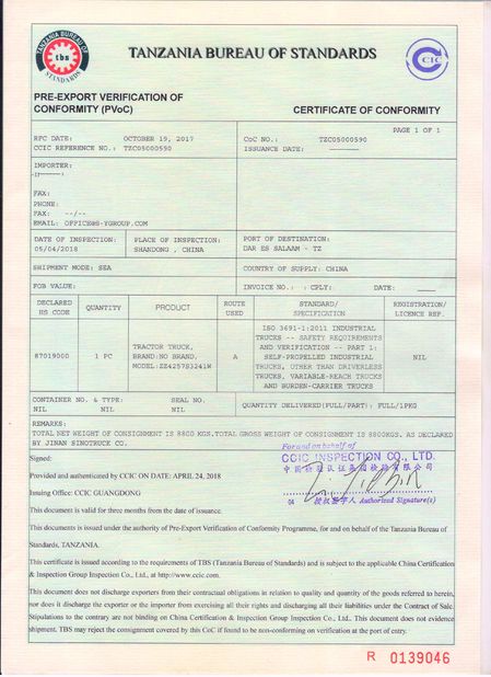 China Jinan Automobile Sales Co., Ltd. Certificaten